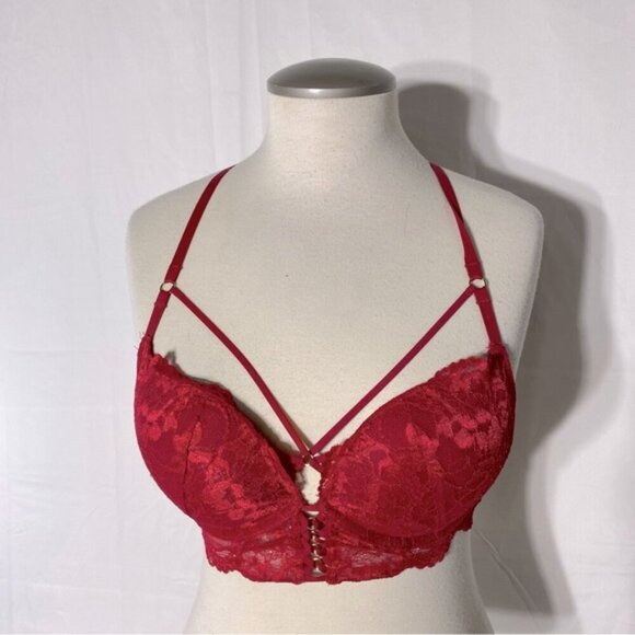 La Senza Beyond Sexy Red Lace Strappy Push Up Bra 32C - Picture 1 of 14